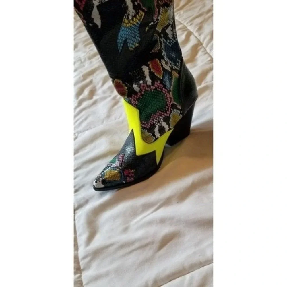 Snakeskin Print Cowboy Boots Western Neon‎ Yellow Accents Trendy Colorful